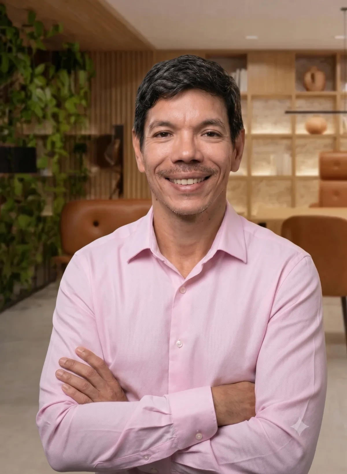 Maurício Araújo, psicólogo, sorrindo de braços cruzados